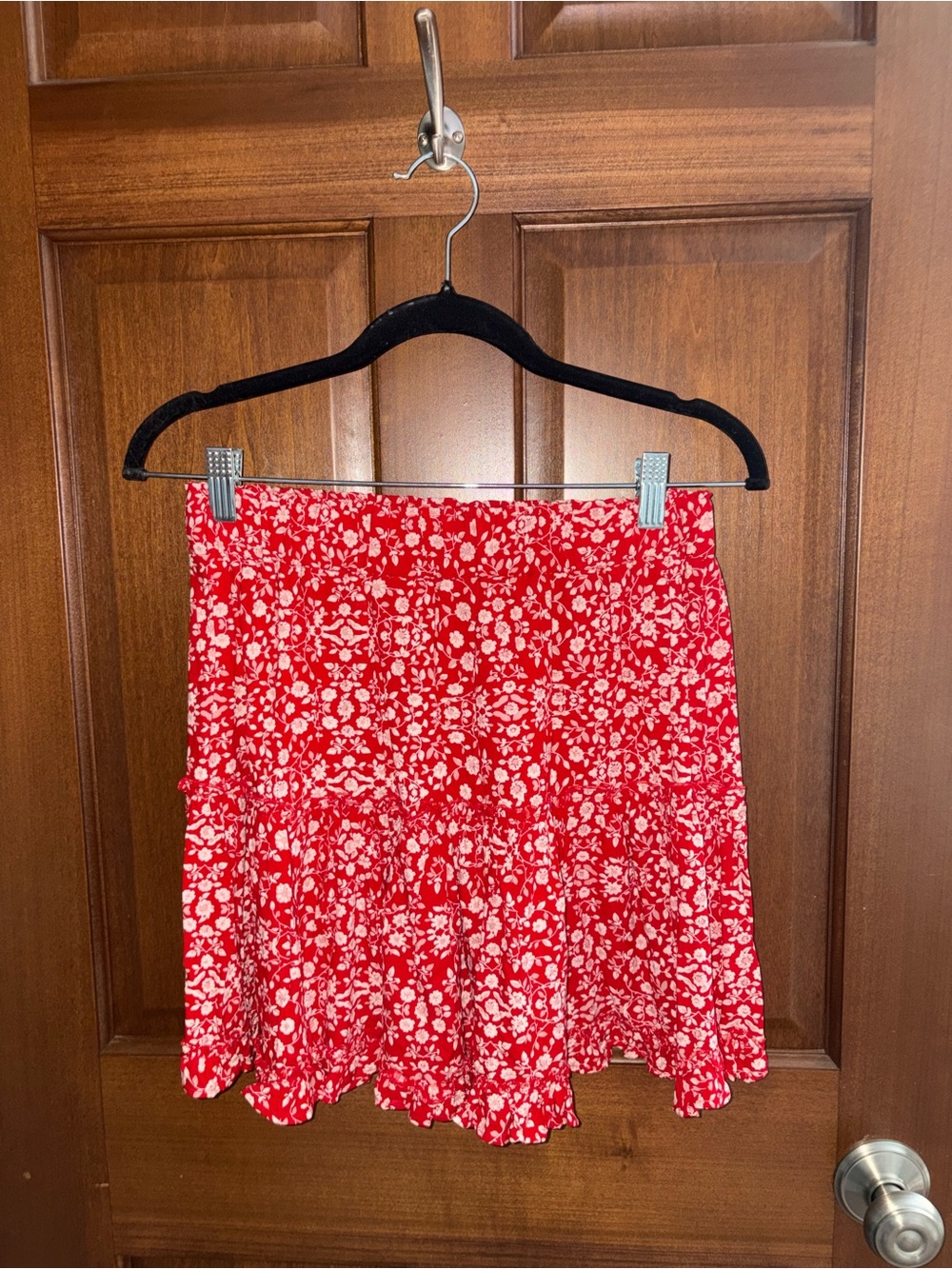 Red Mini Skirt with White Floral Pattern